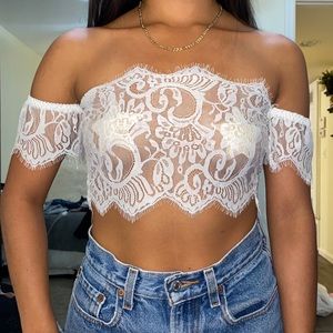 White lace off shoulder crop top